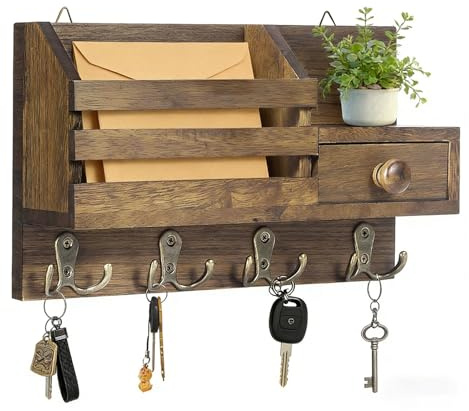 LUPATDY Schlüsselbrett mit Ablage, Schlüsselkasten Holz mit 4 Doppel Haken, Schlüsselbrett Vintage mit Schublade, Schlüsselhalter für Wohnzimmer, Küche, Büro, Flur, Schlafzimmer - Braun