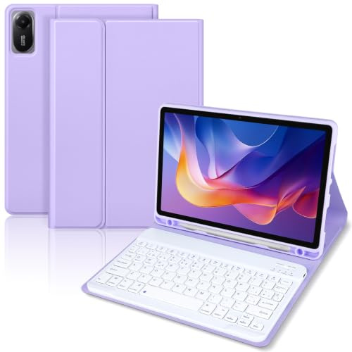 SXNIWBAI Funda con Teclado para Xiaomi Redmi Pad 2 / Redmi Pad SE 11’’ | Teclado Tablet para Redmi Pad 2, Teclado Bluetooth Desmontable, Española Ñ, Funda Protectora para Lápiz, Morado y Blanco