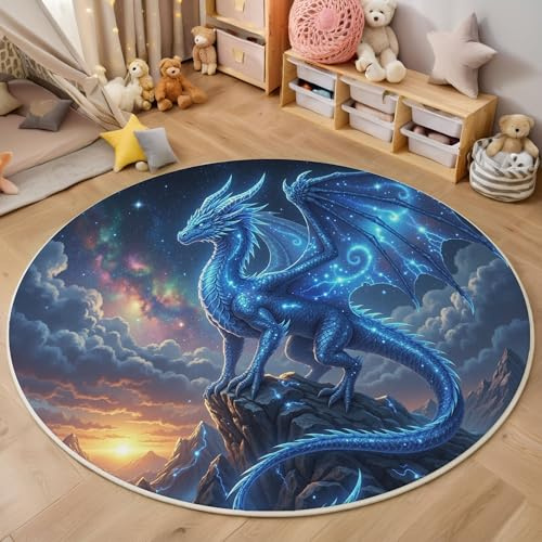 MIATCENRT Kinderteppich Mysteriöse Fantasy Rund Kurzflor Berge Drachen Teppich Kinderzimmer, rutschfest Waschbare Spielmatte für Jungen Mädchen Mit Tierbild, 100cm Rund, Dunkelblau