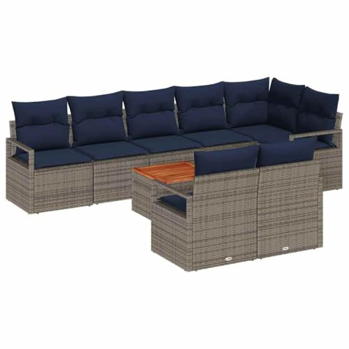 vidaXL Gartensofa-Set mit Kissen 9 pcs Grau Poly-Rattan, Moderne, langlebige, modulare Lounge-Sofa-Gruppe, UV-beständige Gartenmöbel, leichte Sitzconfiguration