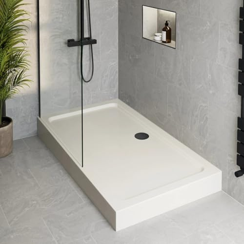 Podium® 1200 x 900 x 140mm White Bathroom Non Slip Shower Tray for Enclosures Cubicles & Wet Room with Black Waste + Riser Kit, Rectangular