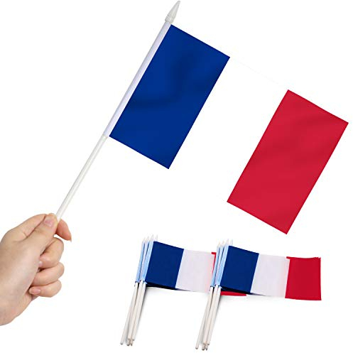 Anley France Stick Flag, Mini Bandera Francesa de 5x8 Pulgadas (12 X 20 cm) con asta Blanca sólida de 12 (30 cm) - Color Vivo y Resistente a la decoloración - Banderas de Palo manuales