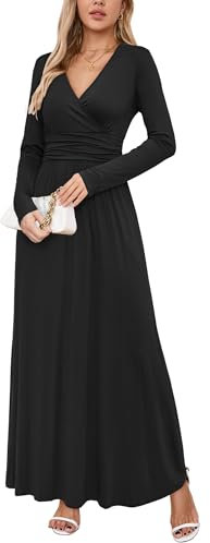 OUGES Women's Winter Spring Casual V Neck Long Sleeve Wrap Ladies Maxi Long Dress with Pockets(Black,XL)