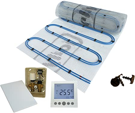 Dünnbett Warmwasser Fußbodenheizung HoWaTech Duo Komplett Set 2,5-20m² Doppelrohr Heizmatte 80 W/m² und E-Regelbox Digital Thermostat, Heizfläche:5.00m²