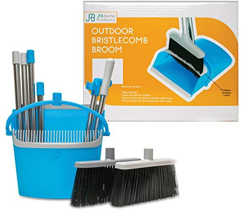 BristleComb escoba y recogedor para exteriores vertical, escoba plegable de 64 pulgadas de largo y recogedor de polvo con mango largo, peine de autolimpieza y 2 cabezales intercambiables de