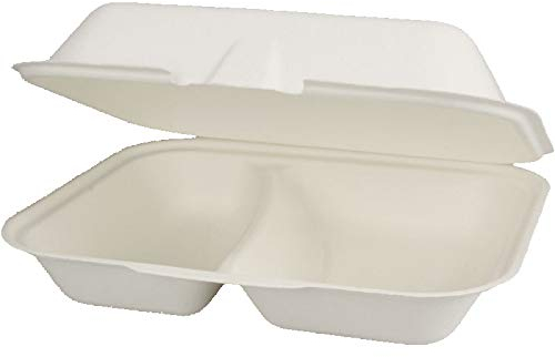200 Bio Menüboxen Außerhaus Mitnahme Klappboxen Lunchbox Premium 2-geteilt Bagasse Zuckerrohr kompostierbar 24x20x8cm (HP4/2 Maß) - Inkl. Lizenz gemäß VerpG in D