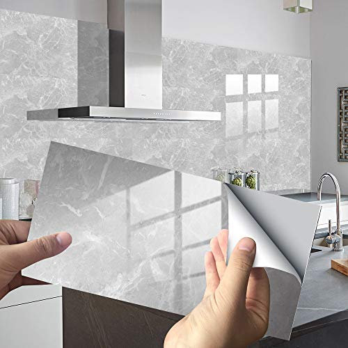 HORIWE Marble Tile Stickers 32pcs for Bathroom Kitchen Backsplash Waterproof Oil Proof DIY Self Adhesive New PVC Wall Stickers Home Decor 12x6 Inches