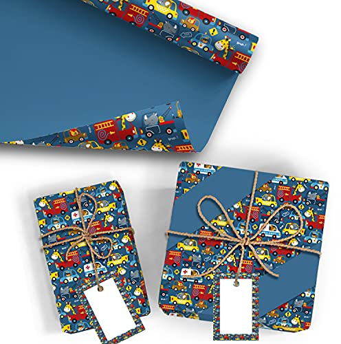 50x Geschenkpapier Motiv Geburtstag Junge - 50 große Bogen je 70 x 100 cm - verpackt als eine Rolle - inkl. Passende Geschenkanhänger - Umweltfreundliche Geschenkverpackung - Marke Neuser