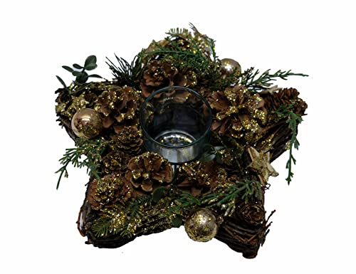 Adventsgesteck Teelichthalter aus Holz, Kunststoff, Glas Weihnachtsdeko, Braun (B/H/T) 26x10x26cm