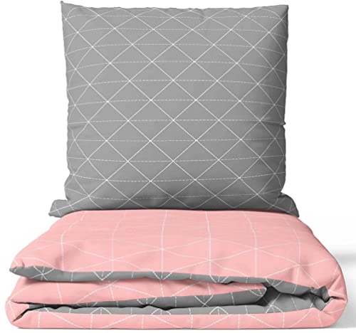 Leonado Vicenti - 100% Baumwolle Renforce Bettwäsche 155x220 + 80x80 Raute Rosa Grau Wende Set modern Schlafzimmer Garnitur Bezug Decke
