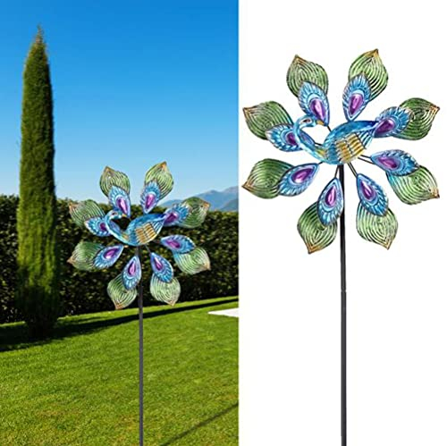 itsisa Doppel Windrad Pfau H:132 cm - Gartenstecker, Gartendekoration, Metallwindrad, Garten Deko