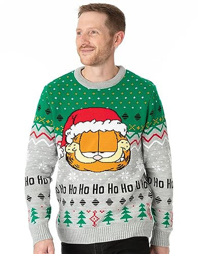 Garfield Mens Christmas Jumper | Adults Ladies Lazy Tabby Cat Santa Festive Grey Green Knitted Sweater | Xmas Movie Gifts for Him Her