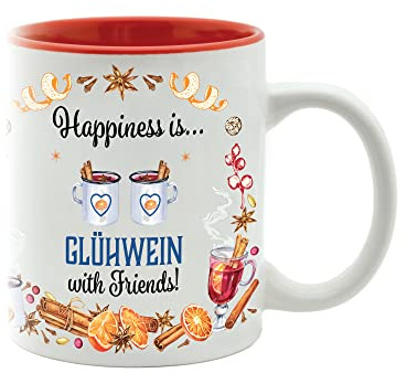 Oktoberfest Haus Happiness is Gluhwein with Friends Gluhwein Mulled Wine Cup - German Festive Mulled Wine Glasses - Spiced Wein Motif | 12 ounce