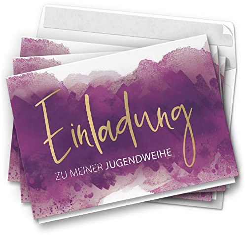10 Jugendweihe Einladungskarten Mädchen - Motiv Lila Aquarell Hintergrund - moderne Einladungen Klappkarten mit Umschlägen