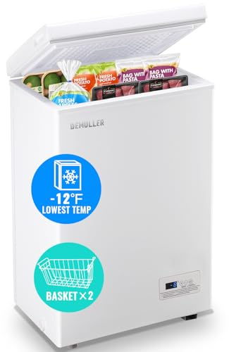 DEMULLER Chest Freezer 3.5 CU.FT Ultra-Low Temperature Deep Freezing Machine (Down to -12 ℉) with Two Removable Baskets Freestanding White Small Mini Compact Fridge Freezer for Home Kitchen Office