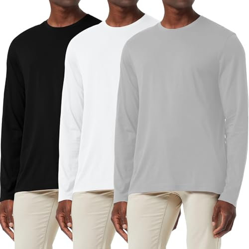 3 Pack Men's Cotton Shirt Loose Fit Long Sleeve T-Shirt Moisture Wicking Crew Neck Shirts Comfort Casual Base Layer Tops Black/White/Gray-3P01-M