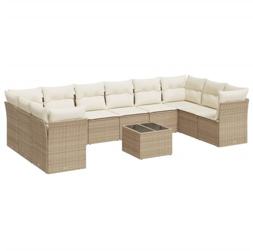 vidaXL Garten Sofa Garnitur 11-TLG., Gartenmöbel Set mit Kissen Stauraum, Sitzgruppe für Garten Terrasse, Modular Gartensofa Lounge, Tisch mit Glasplatte, Beige Poly Rattan