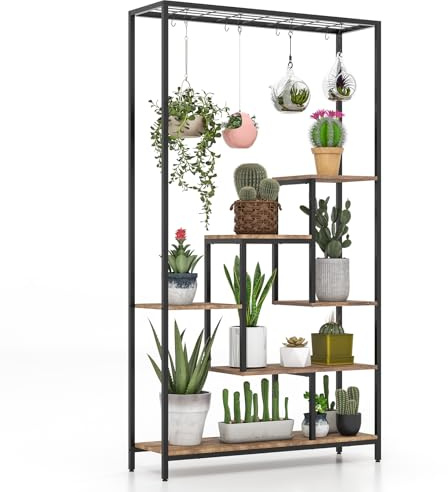 GOPLUS 6 Etagen Pflanzenständer, Pflanzenregal mit Hängeregal & 10 S-Haken, Blumenregal Blumenständer Blumentreppe für Wohnzimmer & Balkon, 100 x 30 x 180 cm (Rustikales Braun)