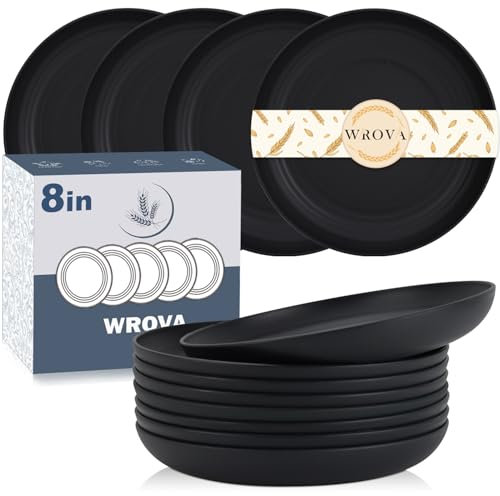 Wrova Dinner Plate Sets of 8 - Unbreakable Plastic Plates Reusable 8 Inch,Dishwasher & Microwave Safe Plates - Lightweight Kids Plate (Pure Black)