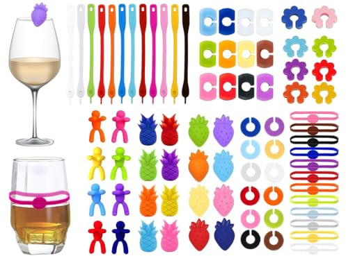 Anlising Glasmarkierer, 80 Stück Wine Glass Charms Tags Set, Glas Markierung, Silicone Wine Glass Drink Markers, Bunt Weinglas Marker, Gläser Markieren, für Weinglas, Champagnerglas, Bar Party