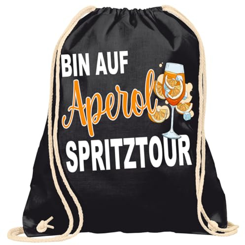 Print Deluxe Rucksack bedruckt mit Spruch, Bin auf Aperol Spritz Tour, Hipster, Sportbeutel, Turnbeutel, Sprüche Jute Beutel, Zuziehbeutel mit Kordeln (Schwarz)