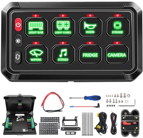 Chelhead 12V Panneau de commande 8 Gang avec éclairage vert, 12-24V | Faisceau de câblage avec fusible,système de relais de contrôle de circuit auxiliaire luminosité réglable pour camions bateaux