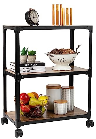 Mind Reader Carrito de Barra rodante [3 Niveles] Carrito de Cocina para microondas Isla sobre Ruedas, estación de café (Madera/Metal, Negro/marrón)