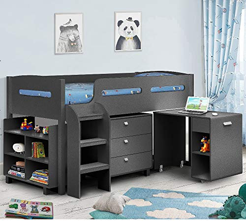 Kids Mid Sleeper Bed, Happy Beds Kimbo Anthracite Grey Wood Contemporary Desk Drawers Shelf Storage Bed Cabin Bed Frame - 3ft Single (90 x 190 cm) with Orthopaedic Mattress Included
