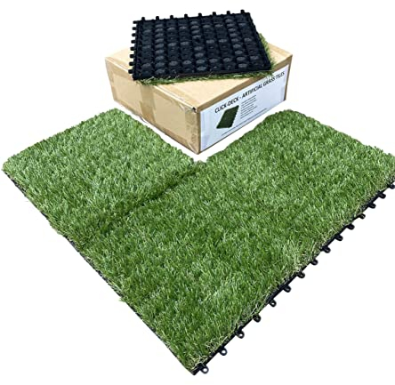 CLICK-DECK Grasfliesen - Terrasse, Balkon, Dachterrasse, Whirlpool Grasfliesen Bodenbelag Kunstrasen Quadratische Fliesen Günstige Preise für große Mengen (18x Kunstrasenfliesen)