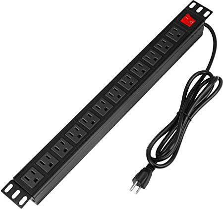 Leopardprintfans 12 Outlet Rack-Mount PDU with 6 Feet Cord, Aluminum Alloy Surge Protector Power Strip，1U/ 15A/125V, Black