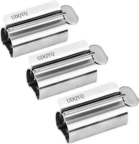 UDQYQ Tubenquetscher Tubenpresse,3-er Pack Zahnpasta Squeezer Edelstahl Sparen Zahnpasta total Squeeze Out leere Rohre, Edelstahl Zahnpasta Sitzhalter mit Standfunktion. (Gloss Finish Silver)