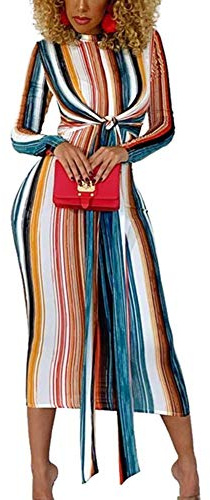 ECOSWAY Regenbogen-Streifen-Kleid für Damen, langärmelig, mit Schnürung, figurbetontes Kleid, S