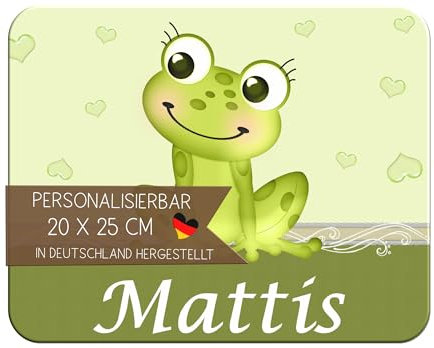 CreaDesign Personalisiertes Kinder Frühstücksbrett mit Namen, 20x25 cm, rutschfestes Schneidebrett aus Kunststoff, Frosch Design, spülmaschinen & mikrowellengeeignet, Schneidbrett für Kinder