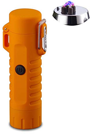 Electric Lighter Flameless Arc Waterproof Windproof Lighter with Flashlight for Outdoor Camping Hiking,Orange