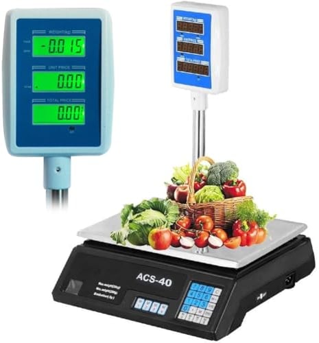 Bakaji Bilancia Elettronica Industriale Pesa Alimenti Professionale Capacità Max 40Kg 3 Display LCD Retroilluminati Fronte Retro per Peso Presso unitario e Totale Attività Commerciale