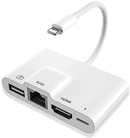 Lightning to RJ45 Ethernet OTG Digital AV Adapter, 4 in 1 HDMI LAN Wired Network USB OTG Hub, 1080P Sync Screen Converter with Charger Cable for iPhone 12/11/USB on HDTV/Projector/Monitor (White)