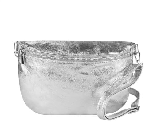 OBC Made in Italy Damen Leder Tasche Gürteltasche Crossbody Hüfttasche Bauchtasche Umhängetasche Cross-Over Bodybag Schultertasche Handytasche (Silber)