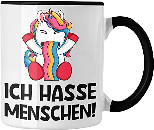 Trendation - Ich Hasse Menschen Tassen Tasse Becher Kaffeetasse Einhorn Lustig Spruch Geschenk Frauen Männer (Schwarz)