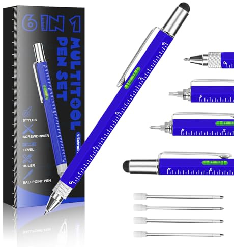 Tirmrin Novità Regali 6 in 1 Penne da Uomo, Multi Tools Pen EDC Gadget unico come Natale, festa del papà, festa del papà, compleanno penne regalo per papà, fidanzati (blu)