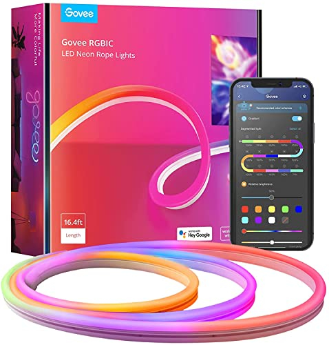 Govee Neon LED Strip 5m, RGBIC LED Streifen mit App-Steuerung, Musik-Sync, DIY Shape Design, Funktioniert mit Alexa & Google Assistant, 64 Modi dimmbar LED Neon für Wohnzimmer und Wand Deko
