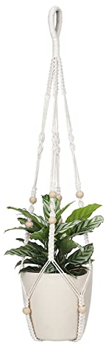 BlueMake Makramee-Pflanzenhalter, für den Innenbereich, hängende Pflanzgefäße mit Holzperlen, Keine Quasten, Boho-Heimdekoration (Elfenbein), 81,3 cm