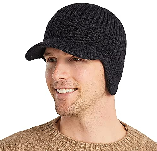 Herren Winter Visier Krempe Earflap Beanie Hut Gestrickt Verdicken Plüsch Gefüttert Skullies Baseball Cap Winddicht Halswärmer, Schwarz, Einheitsgröße