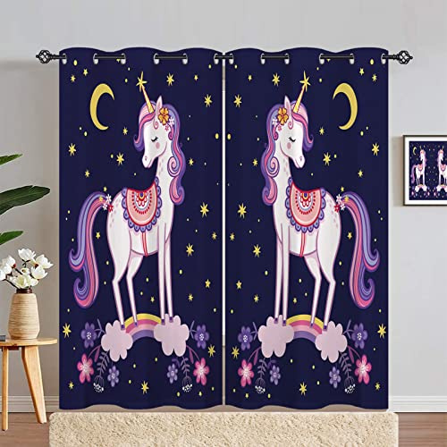 ANHOPE Einhorn Regenbogen Mond Stern Gardinen Blickdichte mit Ösen Kinder Mädchen Thermo Vorhänge Blackout Curtain Vorhang Wohnzimmer Schlafzimmer Verdunklungsvorhänge 2er Set H 183 x B 117 cm
