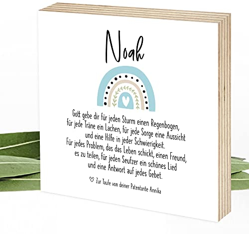 Wunderpixel® Holzbild Taufspruch mit Regenbogen Segen-Spruch blau - personalisiert mit Namen, 15x15x2cm zum Hinstellen/Aufhängen, Fotodruck, Spruch auf Holz, Wand-Bild Aufsteller Zuhause Dekoration