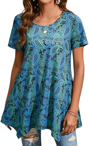 Enmain Womens Turquoise Tunic Top Short Sleeve Summer T-Shirt Round Neck Tunics for Women UK Plus Size Ladies Swing Tops for Leggings Casual Elegant Dressy Blouse Loose T Shirt M