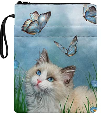 COEQINE Katzen-Buchhüllen, Bibelhülle mit Reißverschluss, niedliches Schmetterlingsmuster, Bucheinband, Schutzhülle mit Vordertasche