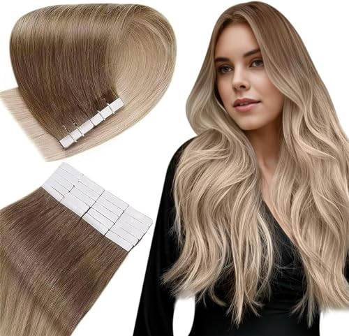 Easyouth Tape in Extensions Echthaar Glue in Haar Extensions Echthaar Farbe Ash Brown Mix Platinum Blonde und Ash Blonde 40 cm 40g Tape Extensions Echthaar Balayage #8/60/18