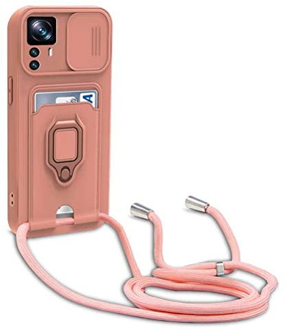 yanasuo Schiebe Kameraschutz Silikon Handykette Hülle kompatibel mit Xiaomi Mi 12T/Mi 12T Pro, Metall Ring Halter Handy Cover,Verstellbarer Halskette Handyhülle-Pink