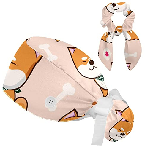 FVQL 2 piezas de gorro quirúrgico para pelo largo, gorro de limpieza con cinta para el pelo, gorro de enfermera, corazón divertido perro Shiba Inu y hueso, Colorful 3041, Talla única
