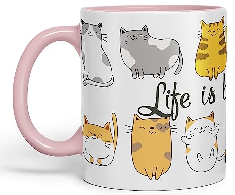 Vixar Life is Better with a cat Ceramic Coloured Mug Cup Gift Tea Coffee Christmas Office Home Cat Lovers (Pink)